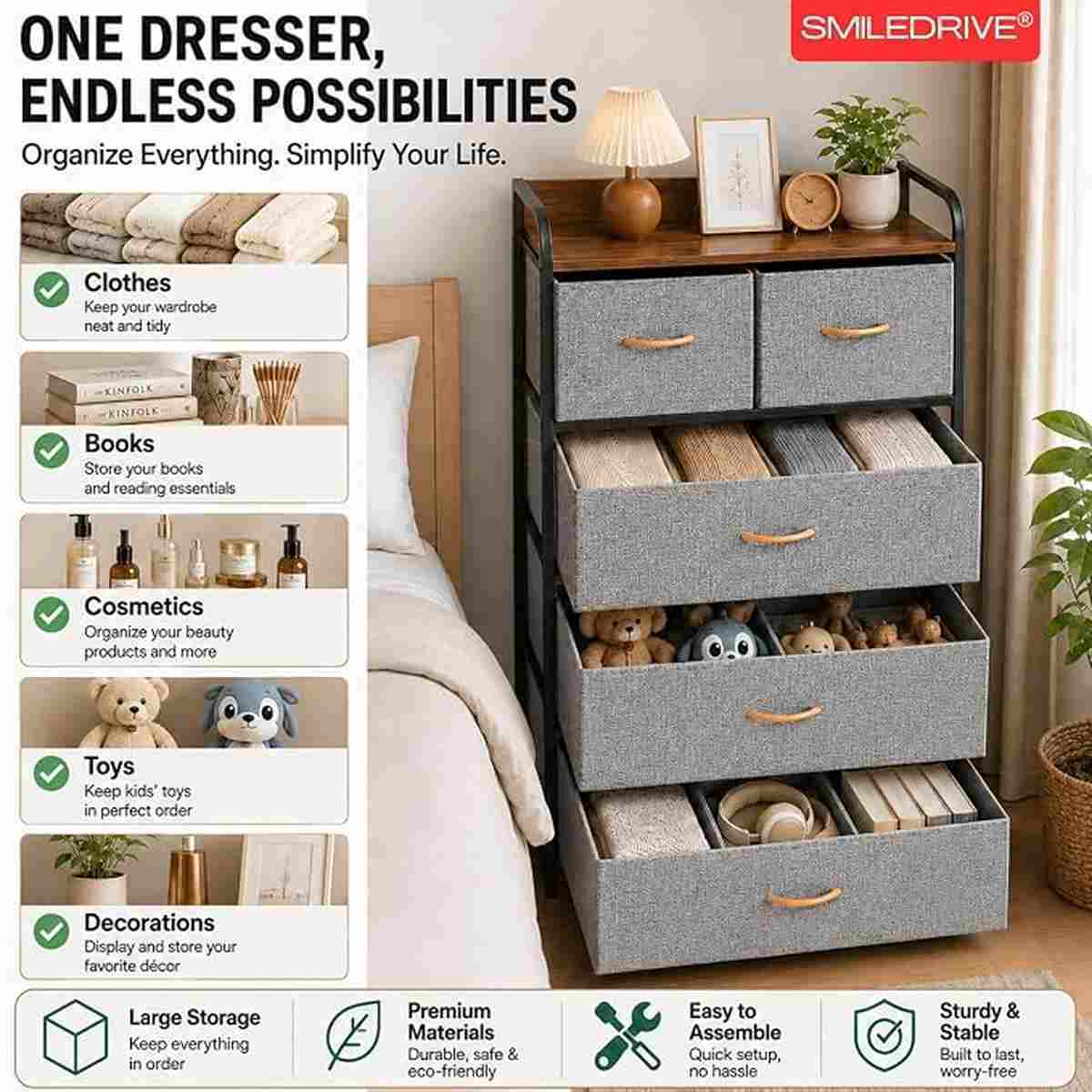 Storage Cabinet with 5 Fabric Drawers Dresser Organizer Unit with MDF Wood-Look Top, Black Iron Frame, Grey Bins & Easy Pull Handles for Bedroom Living Room