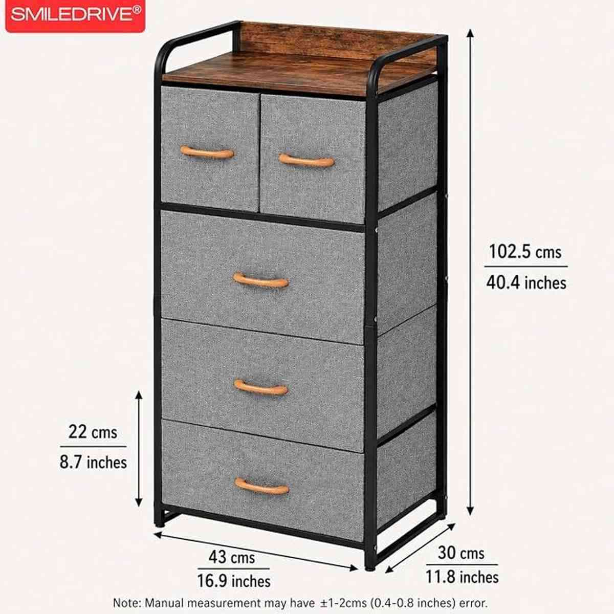 Storage Cabinet with 5 Fabric Drawers Dresser Organizer Unit with MDF Wood-Look Top, Black Iron Frame, Grey Bins & Easy Pull Handles for Bedroom Living Room