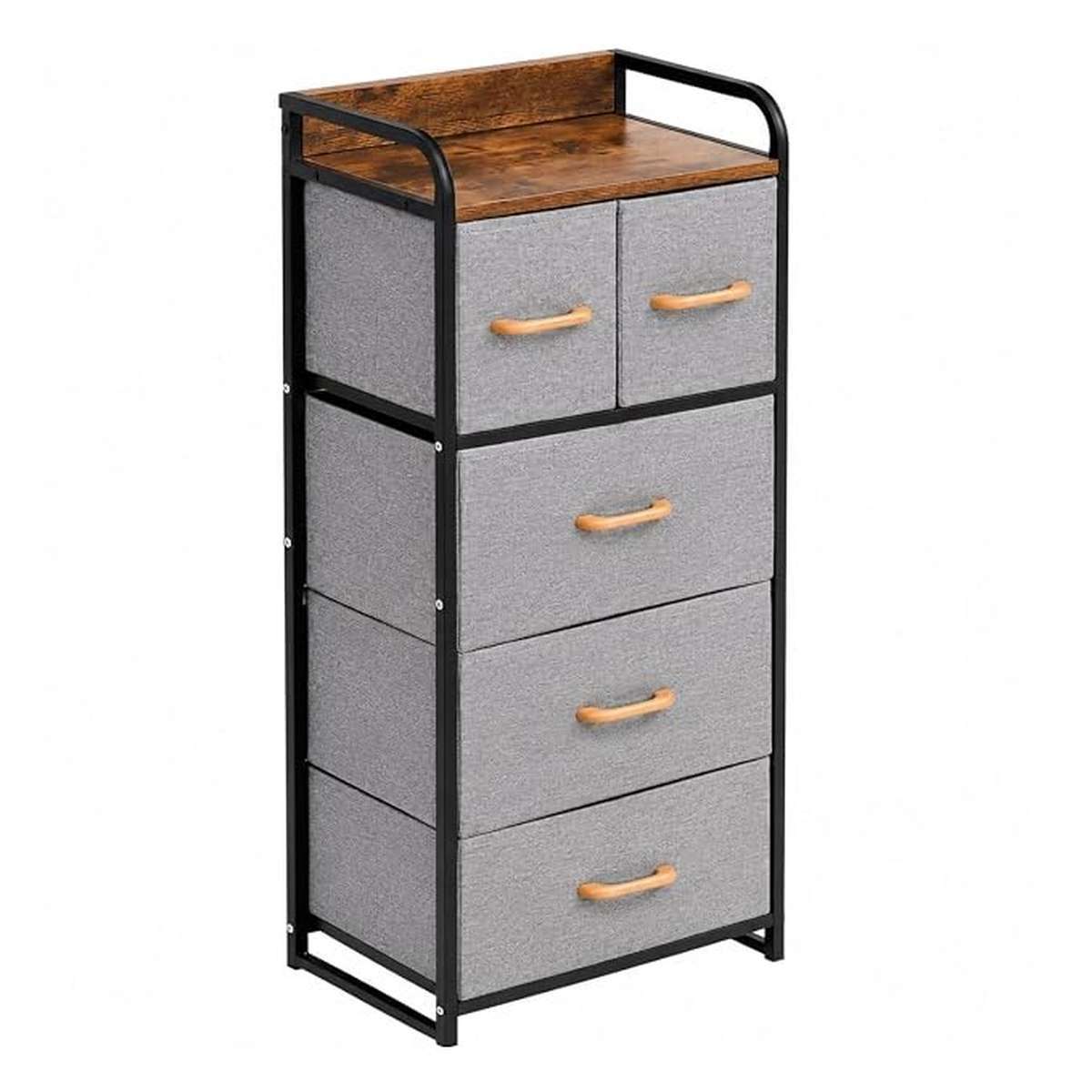 Storage Cabinet with 5 Fabric Drawers Dresser Organizer Unit with MDF Wood-Look Top, Black Iron Frame, Grey Bins & Easy Pull Handles for Bedroom Living Room