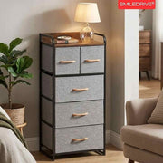 Storage Cabinet with 5 Fabric Drawers Dresser Organizer Unit with MDF Wood-Look Top, Black Iron Frame, Grey Bins & Easy Pull Handles for Bedroom Living Room