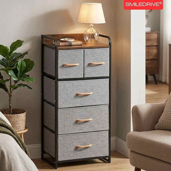 Storage Cabinet with 5 Fabric Drawers Dresser Organizer Unit with MDF Wood-Look Top, Black Iron Frame, Grey Bins & Easy Pull Handles for Bedroom Living Room