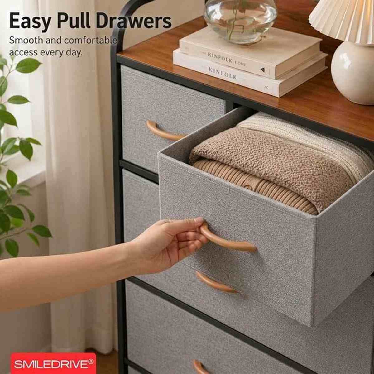 Storage Cabinet with 5 Fabric Drawers Dresser Organizer Unit with MDF Wood-Look Top, Black Iron Frame, Grey Bins & Easy Pull Handles for Bedroom Living Room