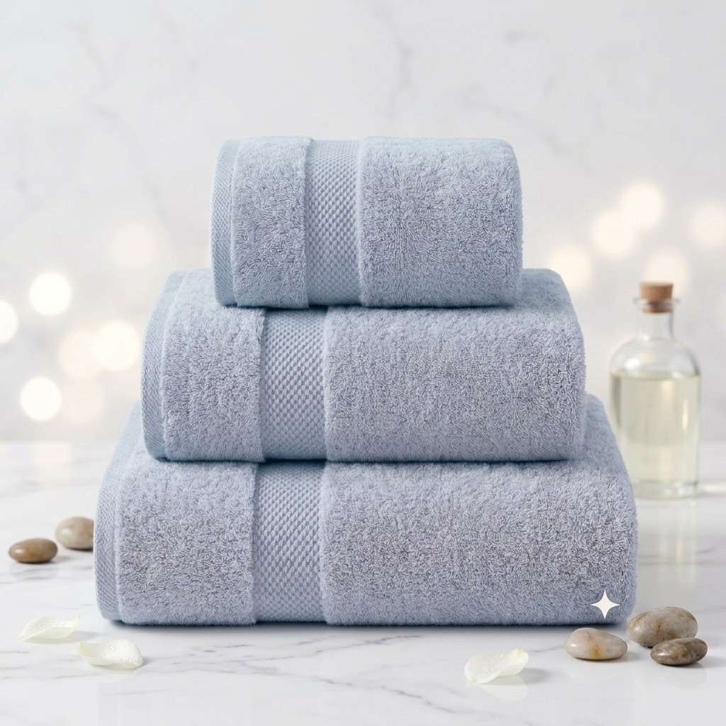 Set of three light blue towels stacked on a white surface with a blurred background