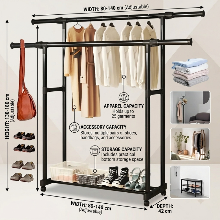 Heavy duty double clothes rack with storage shelf by arbaann, featuring sturdy metal construction and ample space for clothing.