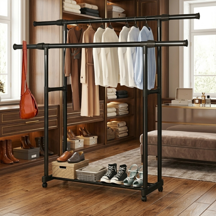 Heavy Duty Double Clothes Rack with Storage Shelf