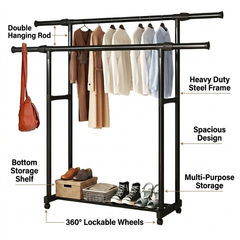 Heavy Duty Double Clothes Rack with Storage Shelf