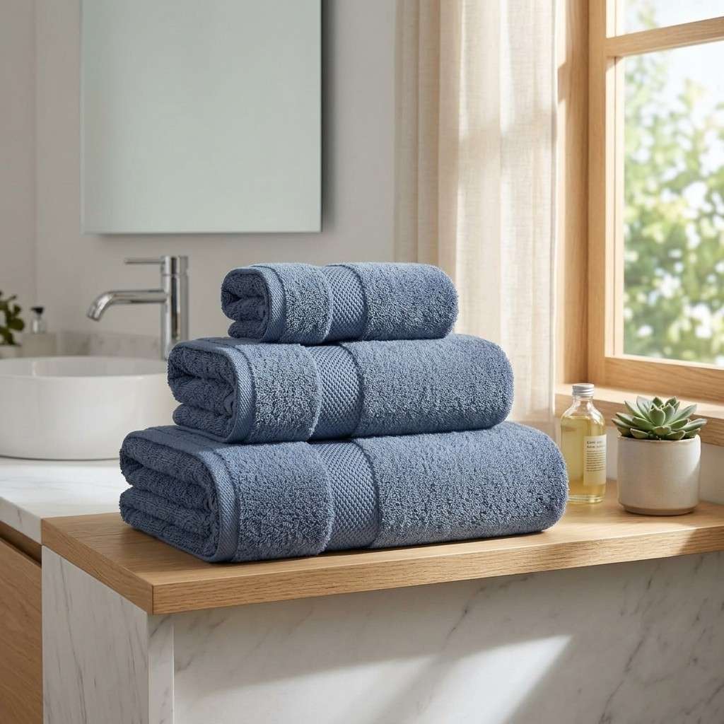 Stack of blue towels on a bathroom shelf with a window in the background