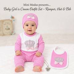 Baby Girl Crown Outfit Set – Romper, Hat & Bib