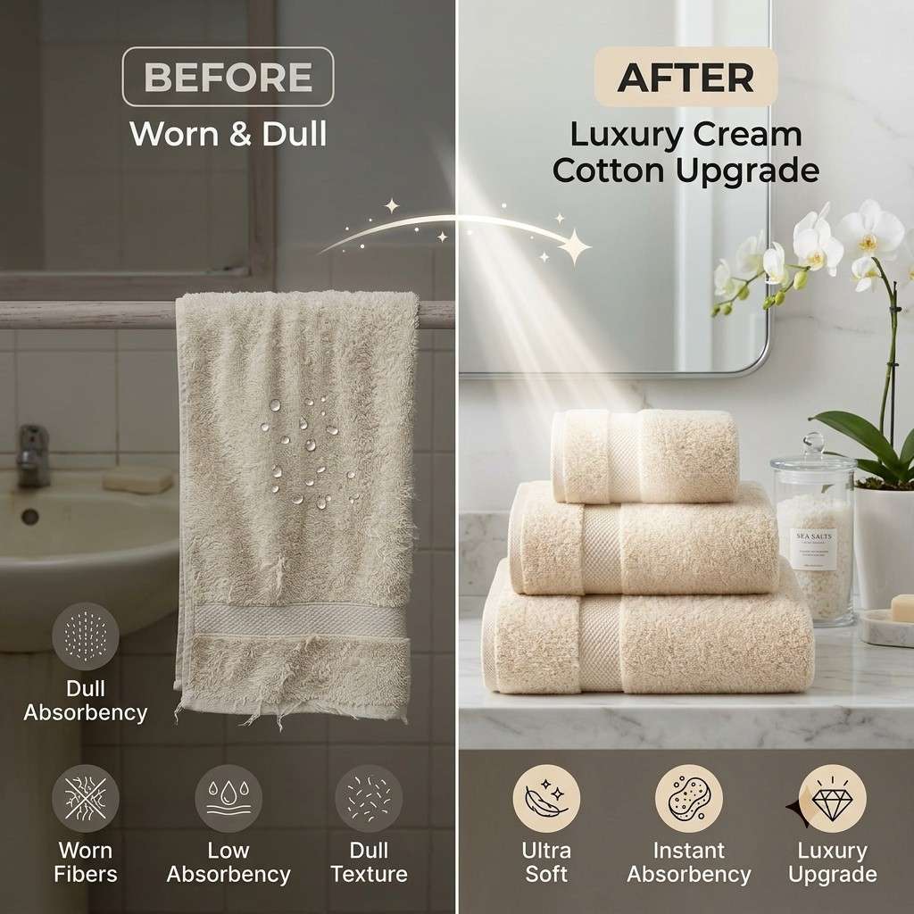 Before and after comparison of a towel upgrade in a bathroom setting.