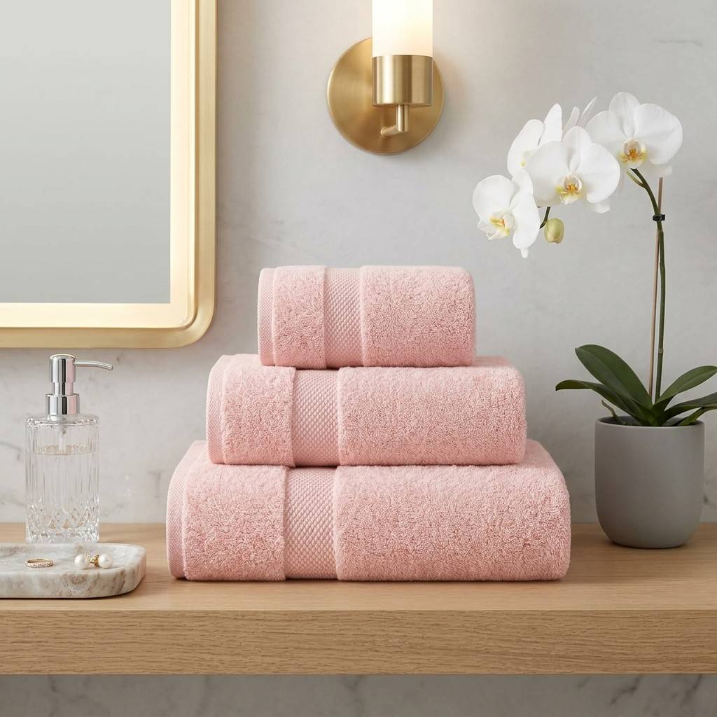 Stack of pink towels on a bathroom counter with a mirror, soap dispenser, and plant in the background.