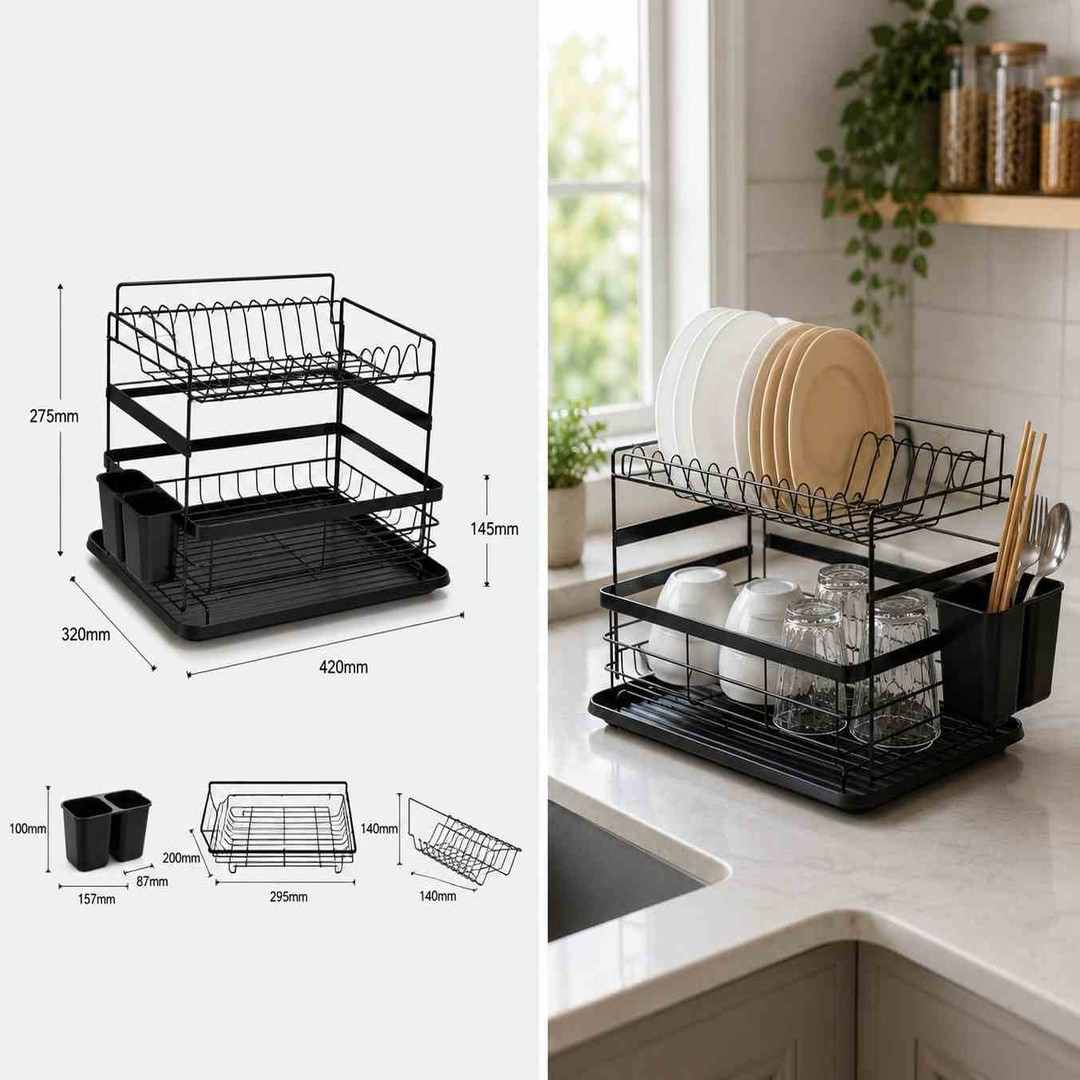 2-Tier Dish Rack – Kitchen Drainer with Utensil Cup