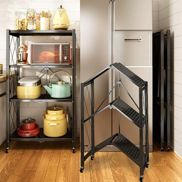 Arbaana metal foldable shelf rack with wheels, multi-tier storage organizer for easy mobility and space-saving organization.
