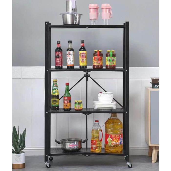 Arbaana metal foldable shelf rack with wheels, multi-tier storage organizer, available in 3, 4, or 5 tiers with a sturdy metal frame.