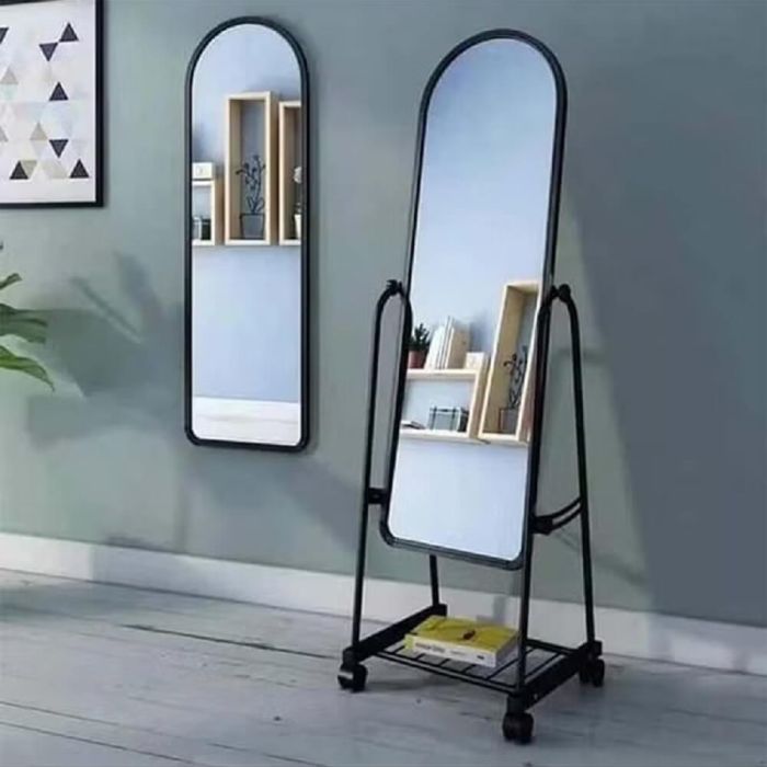 Full Length Free Standing Mirror with Wheels and Storage Shelf