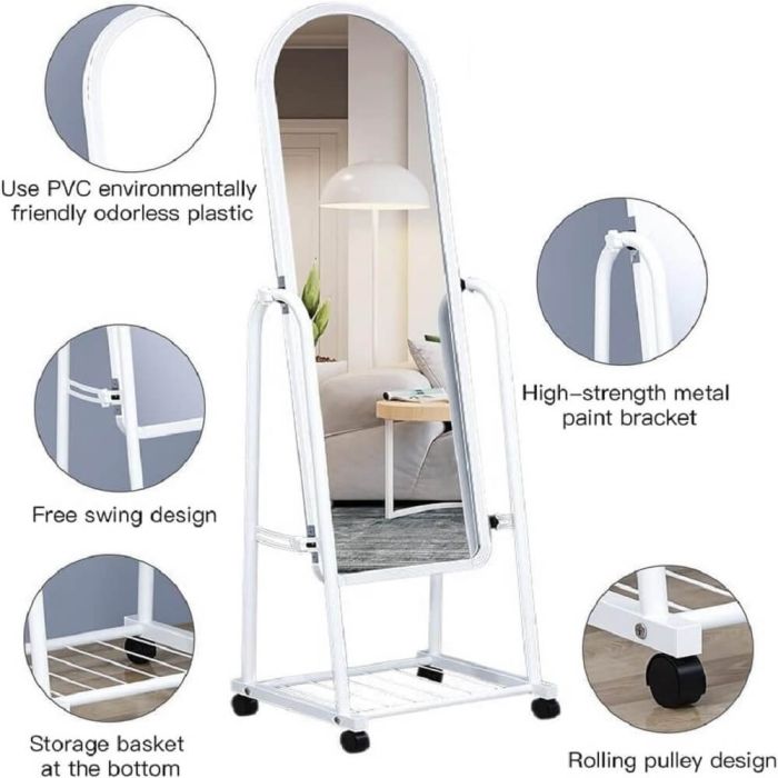 مرآة قائمة بذاتها بطول كامل مزودة بعجلات ورف تخزين