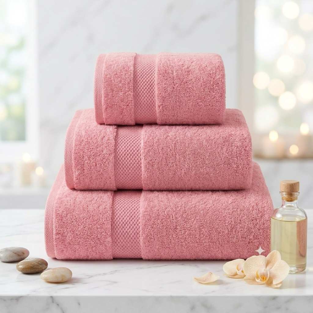 Stack of pink towels on a marble surface with a bottle and flowers in the background