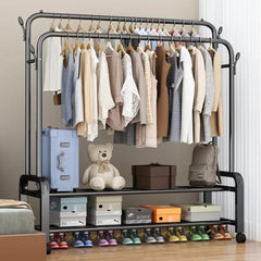 Double Rail Metal Clothes Rack with Shoe Shelf