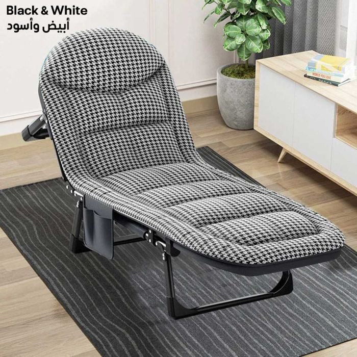 Arbaana folding metal bed and lounge chair for office naps, featuring a sleek, collapsible design with a metal frame and comfortable surface.