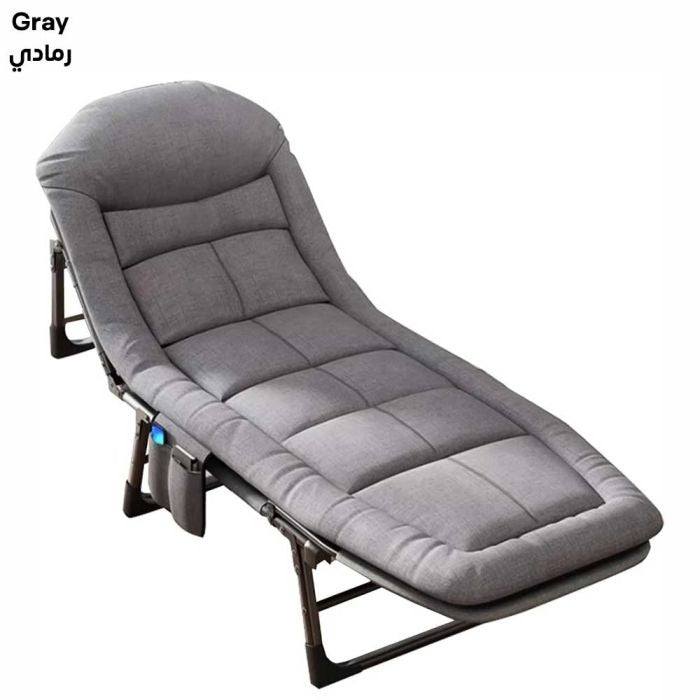 Arbaana folding metal bed and lounge chair for office naps, featuring a sleek, foldable design with a sturdy metal frame.