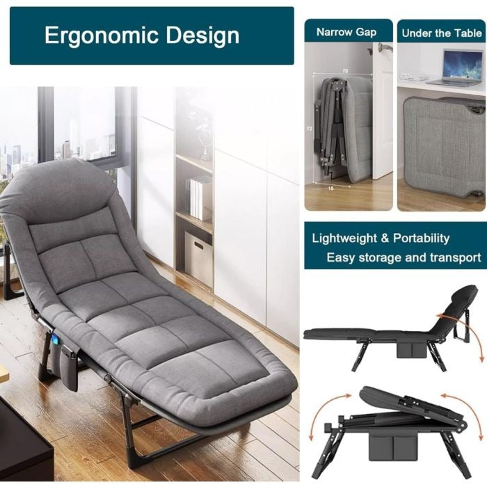 Arbaana folding metal bed and lounge chair for office naps, featuring a sturdy metal frame and compact design.