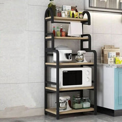 Wood and metal kitchen microwave storage cabinet by Arbaana, featuring a compact design with shelves and a closed compartment.