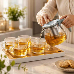 Glass Teapot Set with Infuser, 4 Cups & Tray