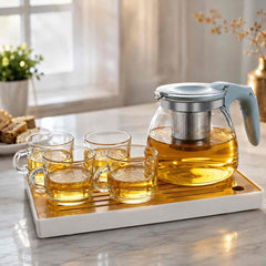 Glass Teapot Set with Infuser, 4 Cups & Tray
