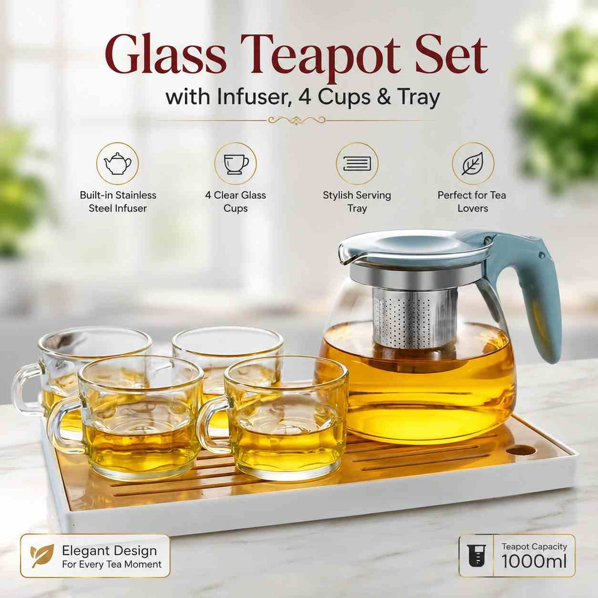 Glass Teapot Set with Infuser, 4 Cups & Tray