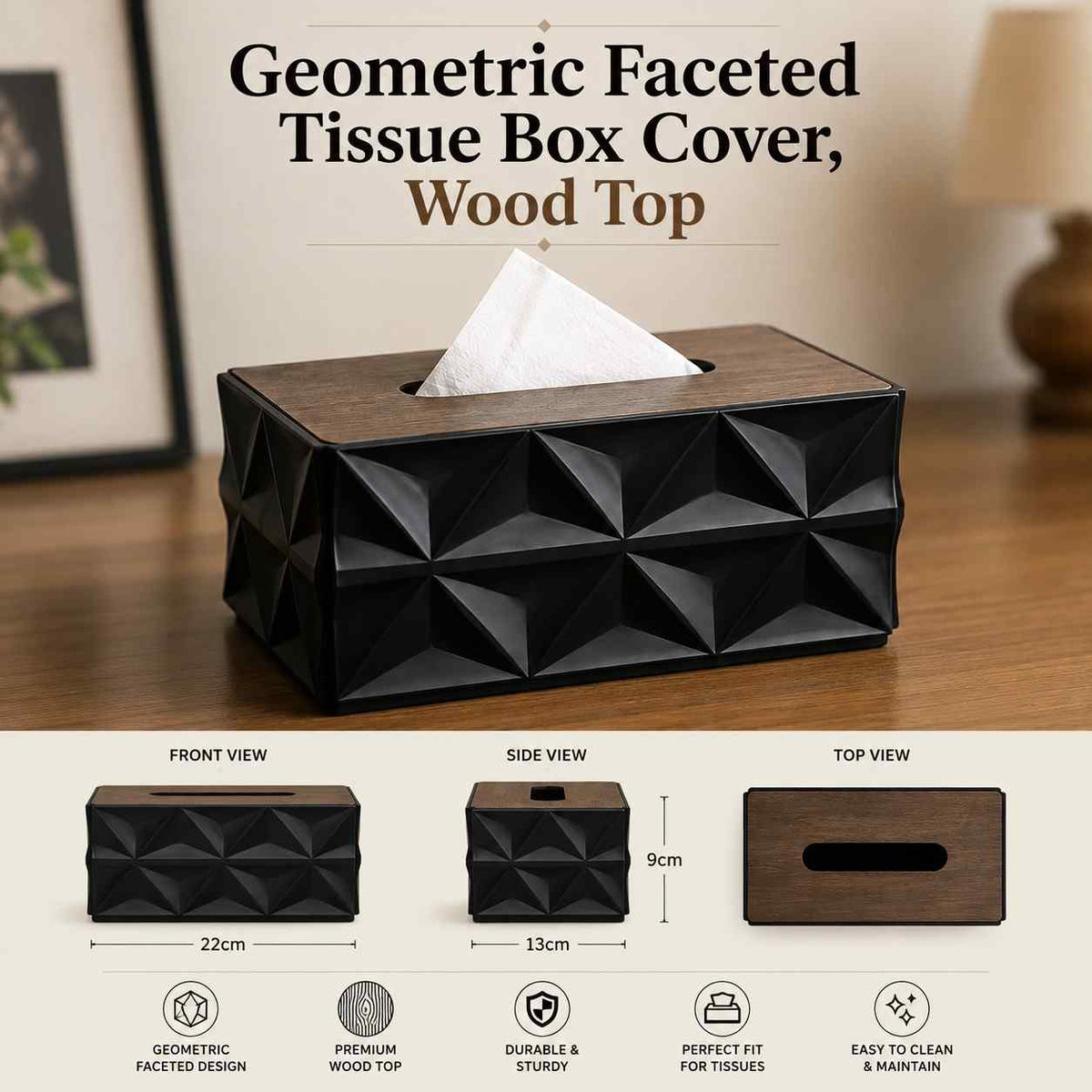 Geometric Faceted Tissue Box Cover, Wood Top