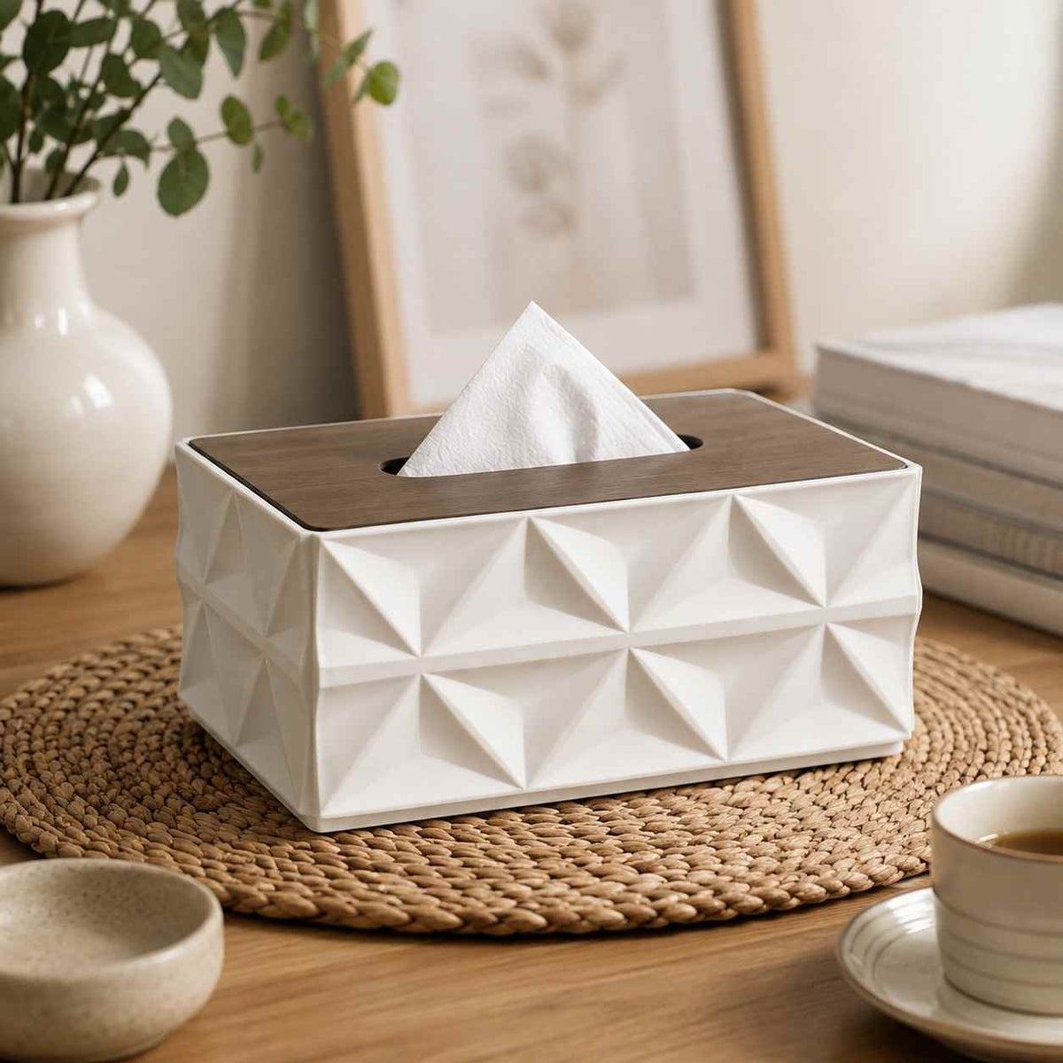 Geometric Faceted Tissue Box Cover, Wood Top