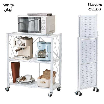 Metal Foldable Shelf Rack with Wheels | Storage Organizer for Home & Kitchen