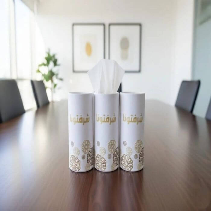 Set of three arbaana tissue holders in neutral colors, designed to keep tissues organized and easily accessible.