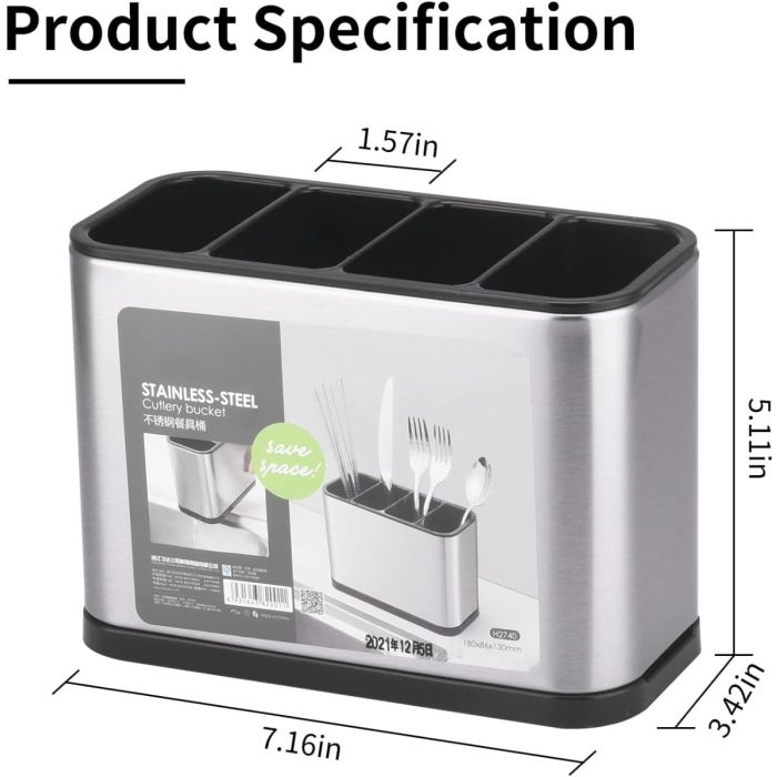 Kitchen Utensil Holder Stainless Steel - Large - 4 Compartment