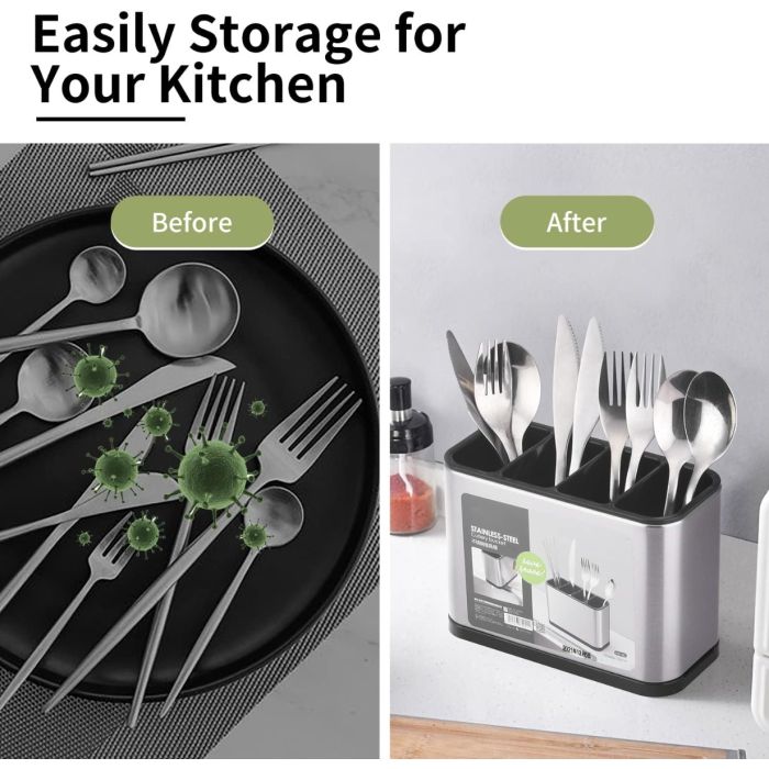 Kitchen Utensil Holder Stainless Steel - Large - 4 Compartment