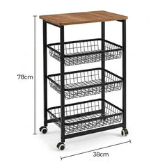 Metal Rolling Kitchen Trolley Wood Top Basket Cart 38x78cm