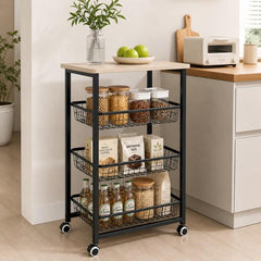Metal Rolling Kitchen Trolley Wood Top Basket Cart 38x78cm
