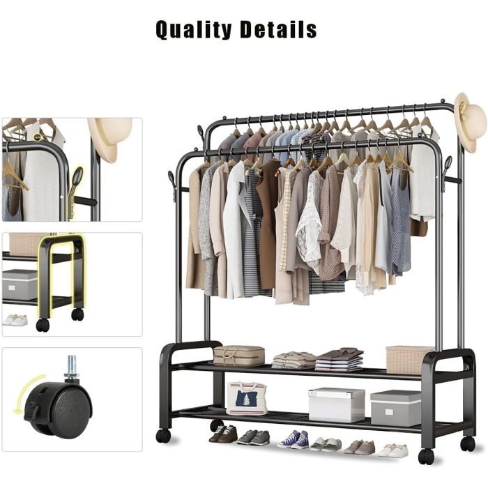 Double Rail Metal Clothes Rack with Shoe Shelf