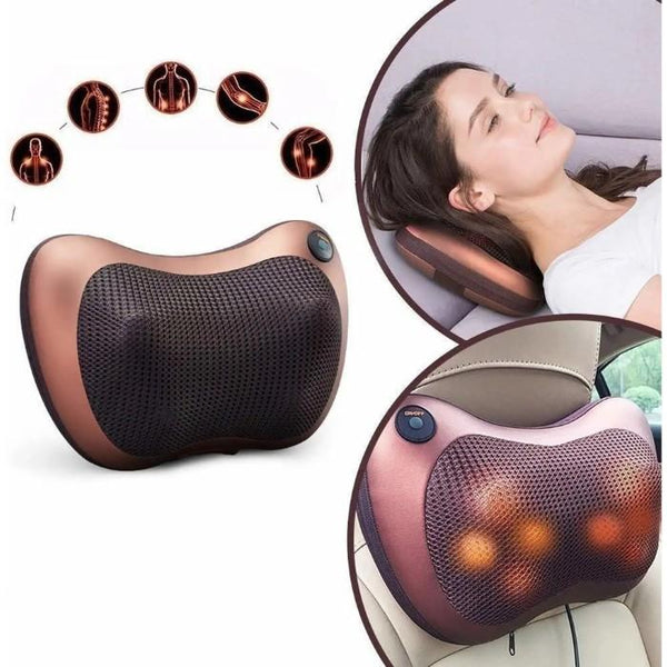 Rechargable Arbaana neck and body massage pillow with heat function, showing the compact, ergonomic design and control buttons.