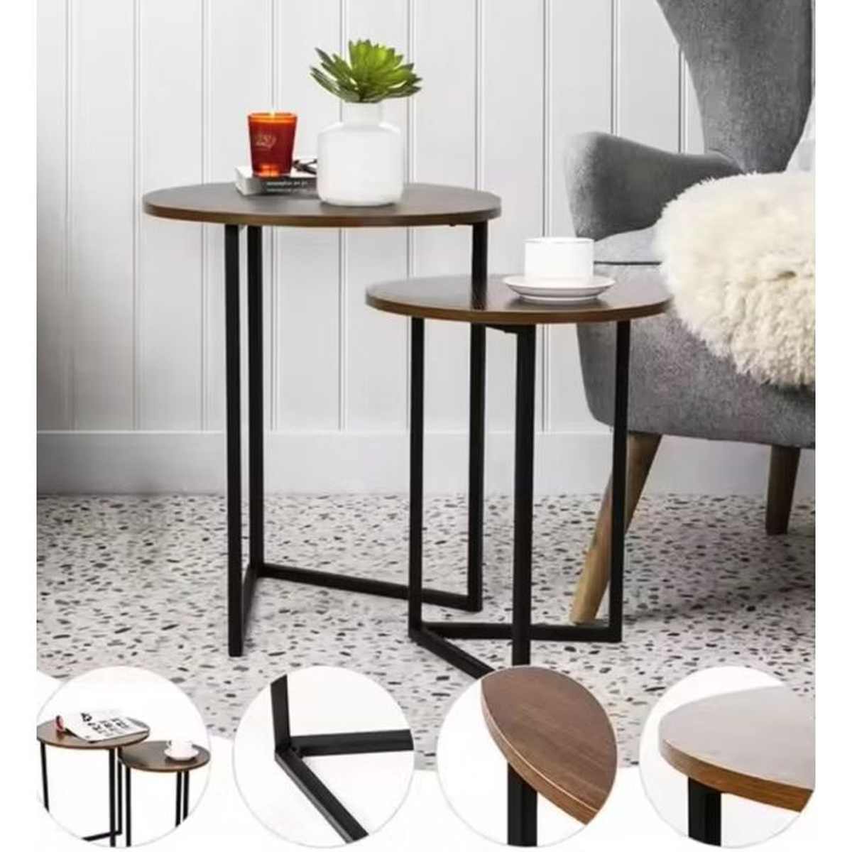 Nesting Side Round Coffee Table Set 3Pcs