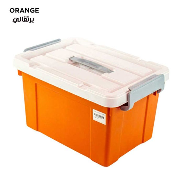 Orange arbaana storage box with lid, showing a sturdy plastic container ideal for organizing household items
