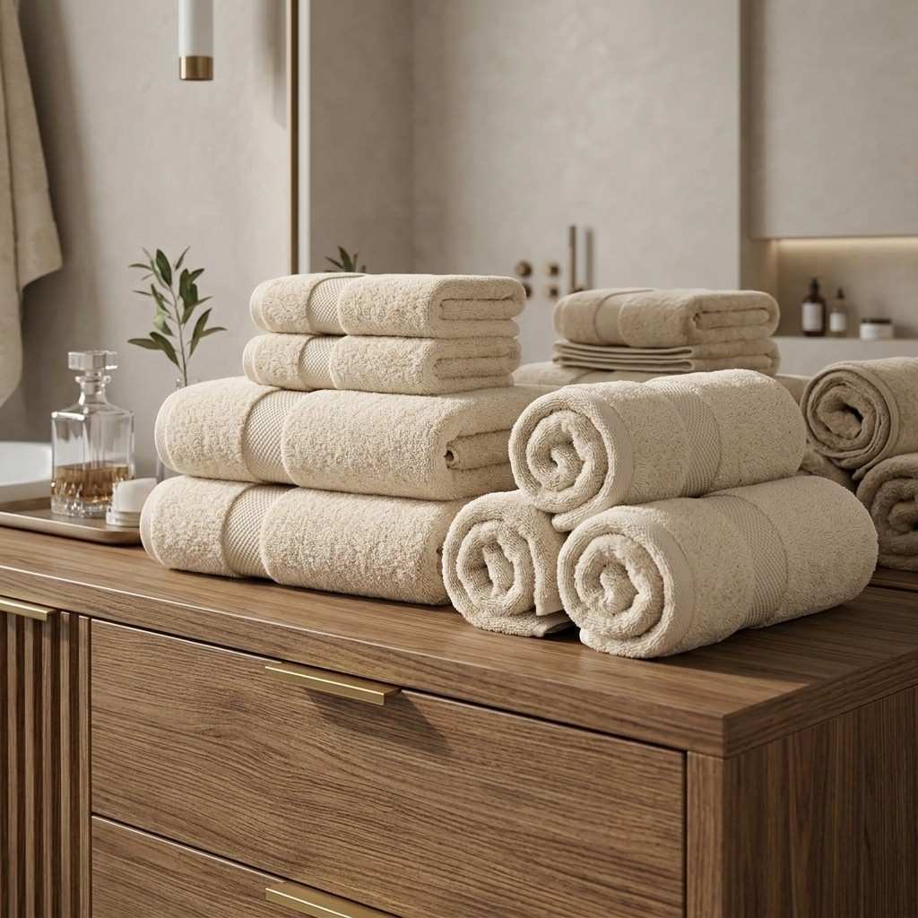 Beige towels stacked on a wooden dresser in a bathroom setting