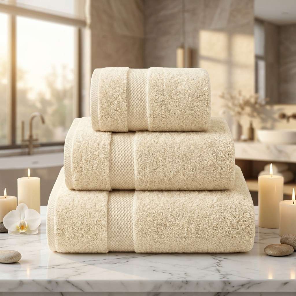 Stack of beige towels on a marble surface with candles and a blurred bathroom background