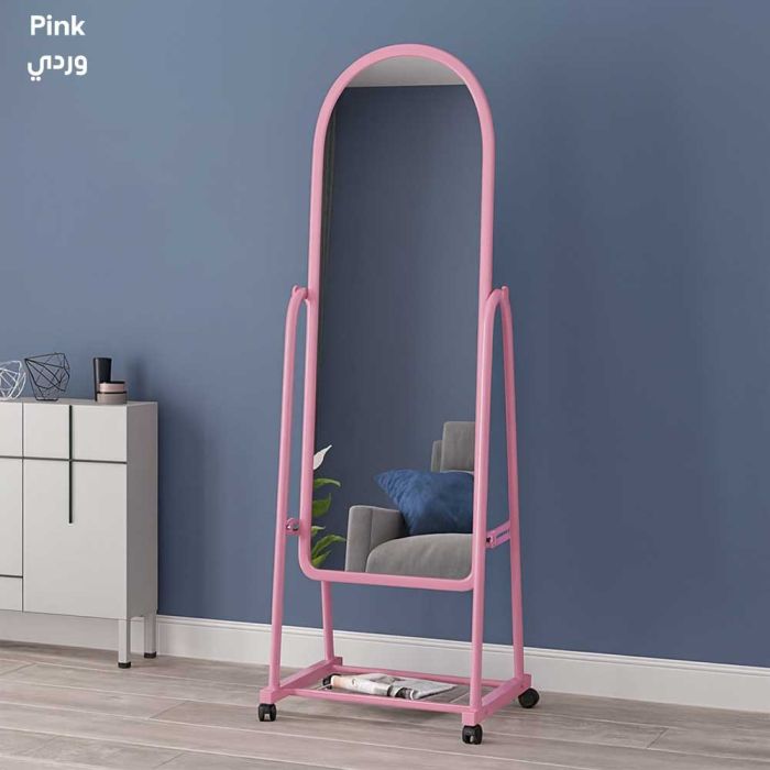 مرآة قائمة بذاتها بطول كامل مزودة بعجلات ورف تخزين