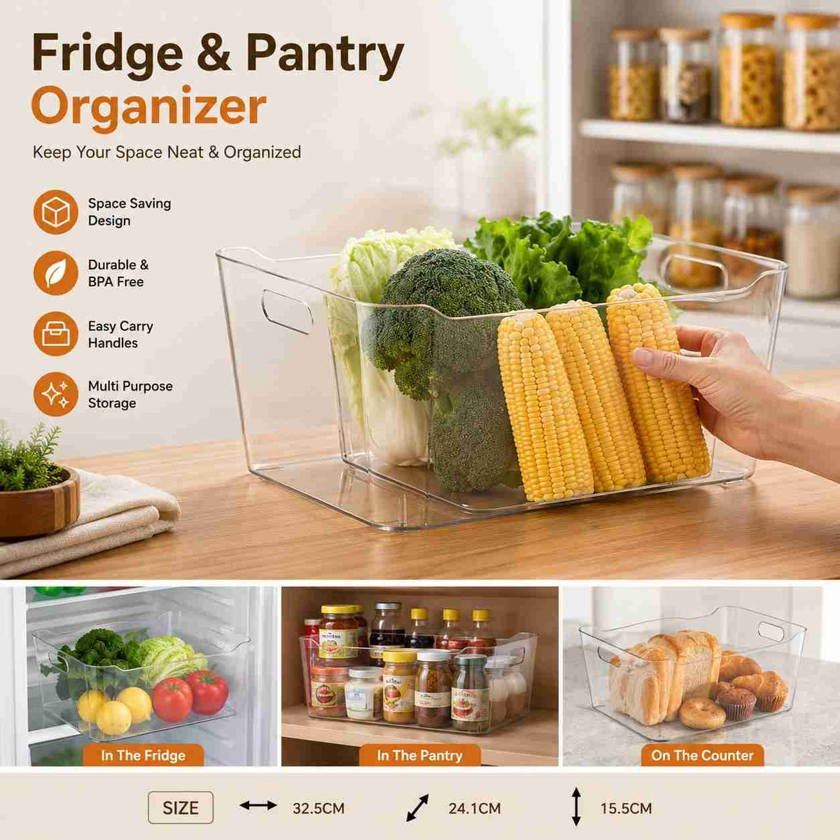 Clear Plastic Storage Bin – Fridge & Pantry Organizer