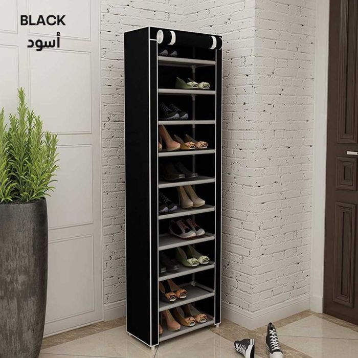 Black 10-tier shoe organizer with dustproof cover from arbaana, designed for closet storage and footwear organization.