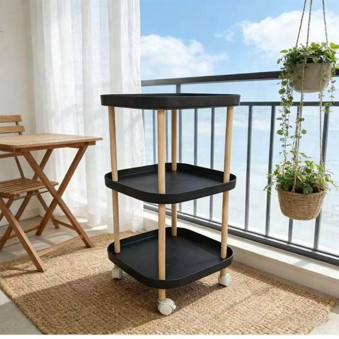 3-Tier Sqaure Rolling Cart with Wooden Legs
