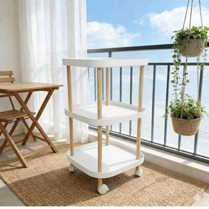 3-Tier Sqaure Rolling Cart with Wooden Legs