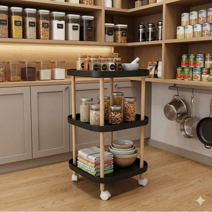 3-Tier Sqaure Rolling Cart with Wooden Legs