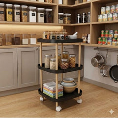 3-Tier Sqaure Rolling Cart with Wooden Legs