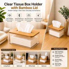 Clear Tissue Box Holder with Bamboo Lid